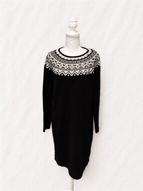 Chaps Black and White Fair Isle Long Sleeve Knit Dress